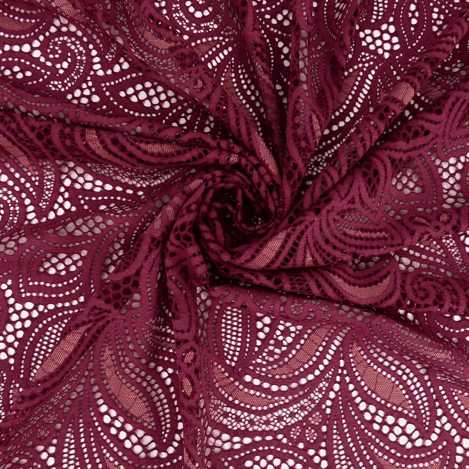 Double Sided Border Stretch Klauber Lace Fabric 9772 Red Plum/Terra Cotta