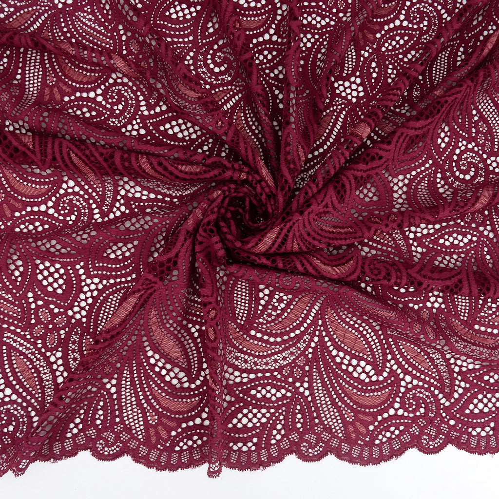 Double Sided Border Stretch Lace Fabric 9772 Red Plum/Terra Cotta