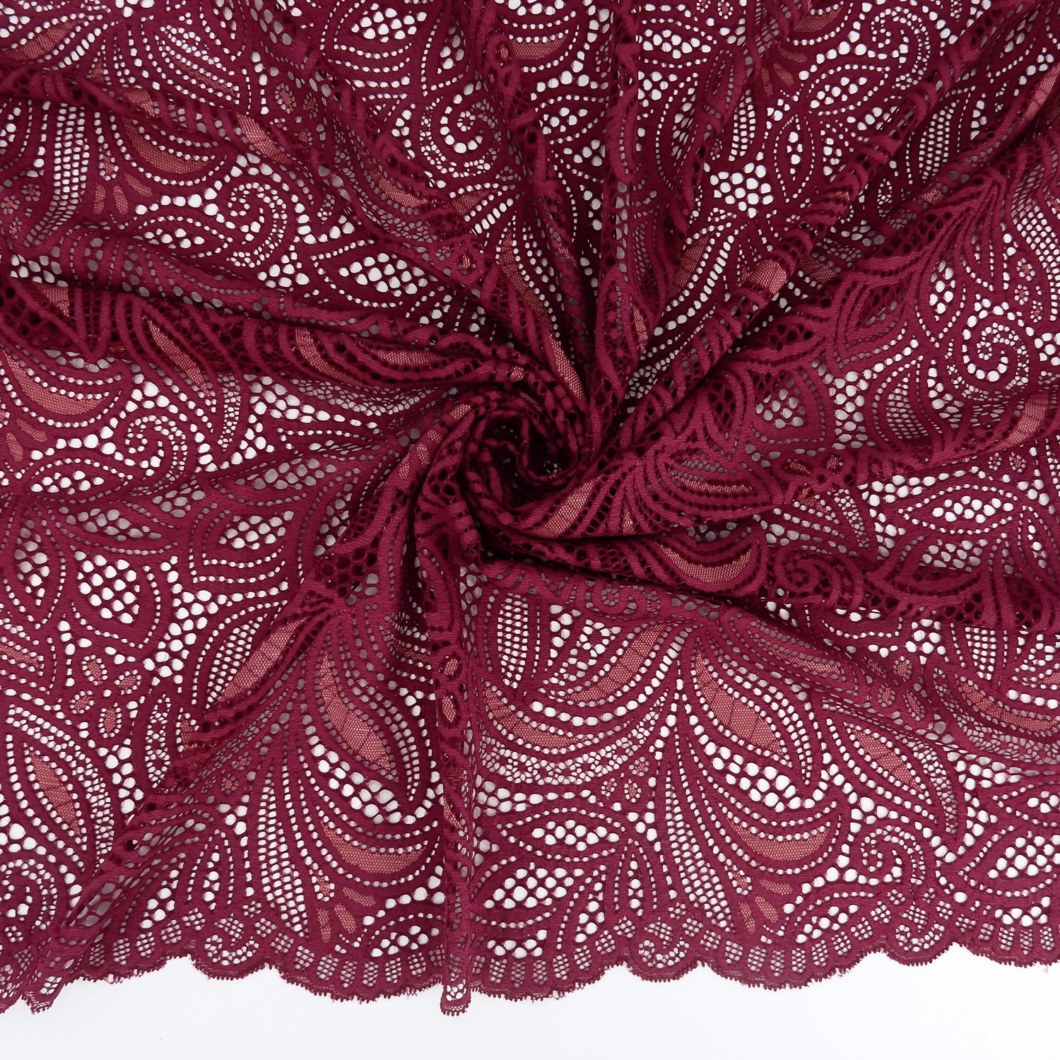 Double Sided Border Stretch Klauber Lace Fabric 9772 Red Plum/Terra Cotta