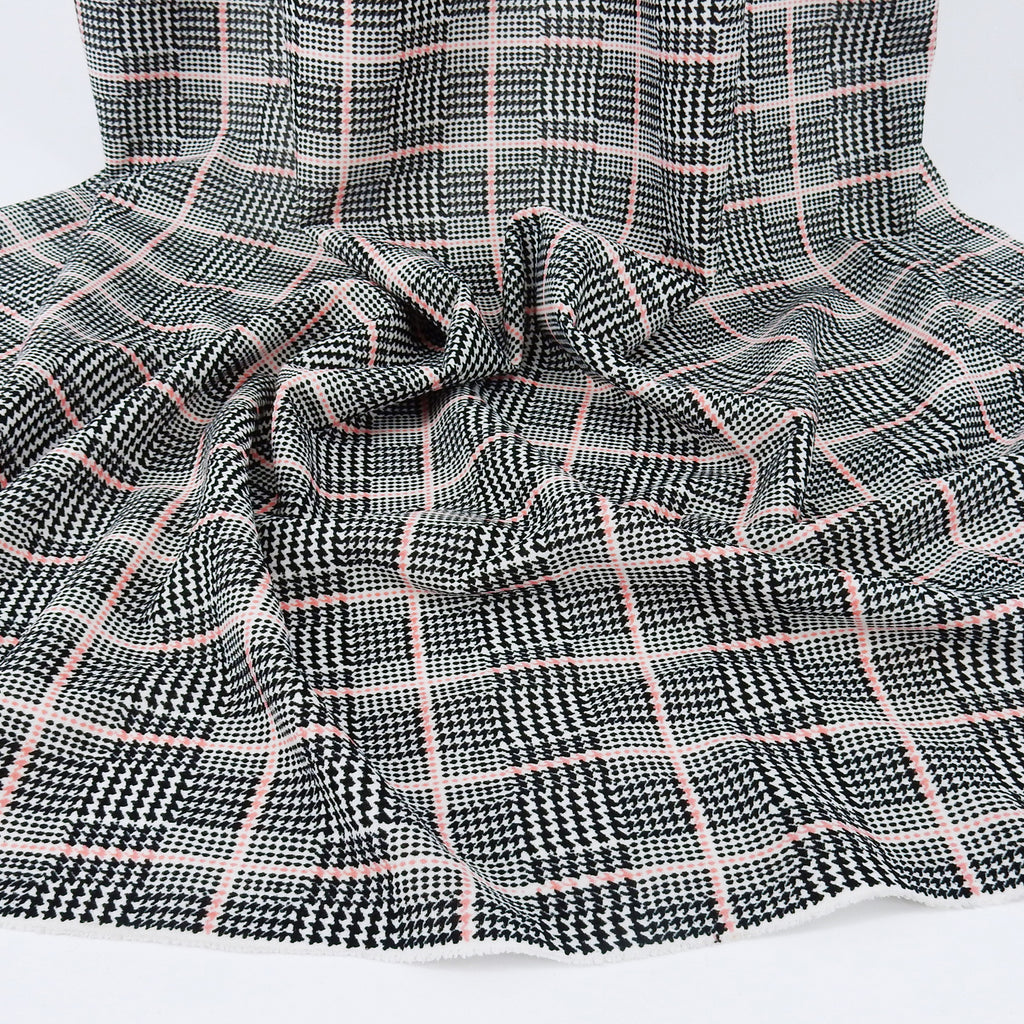 Coral Printed Plaid Stretch Techno Crepe Fabric 141