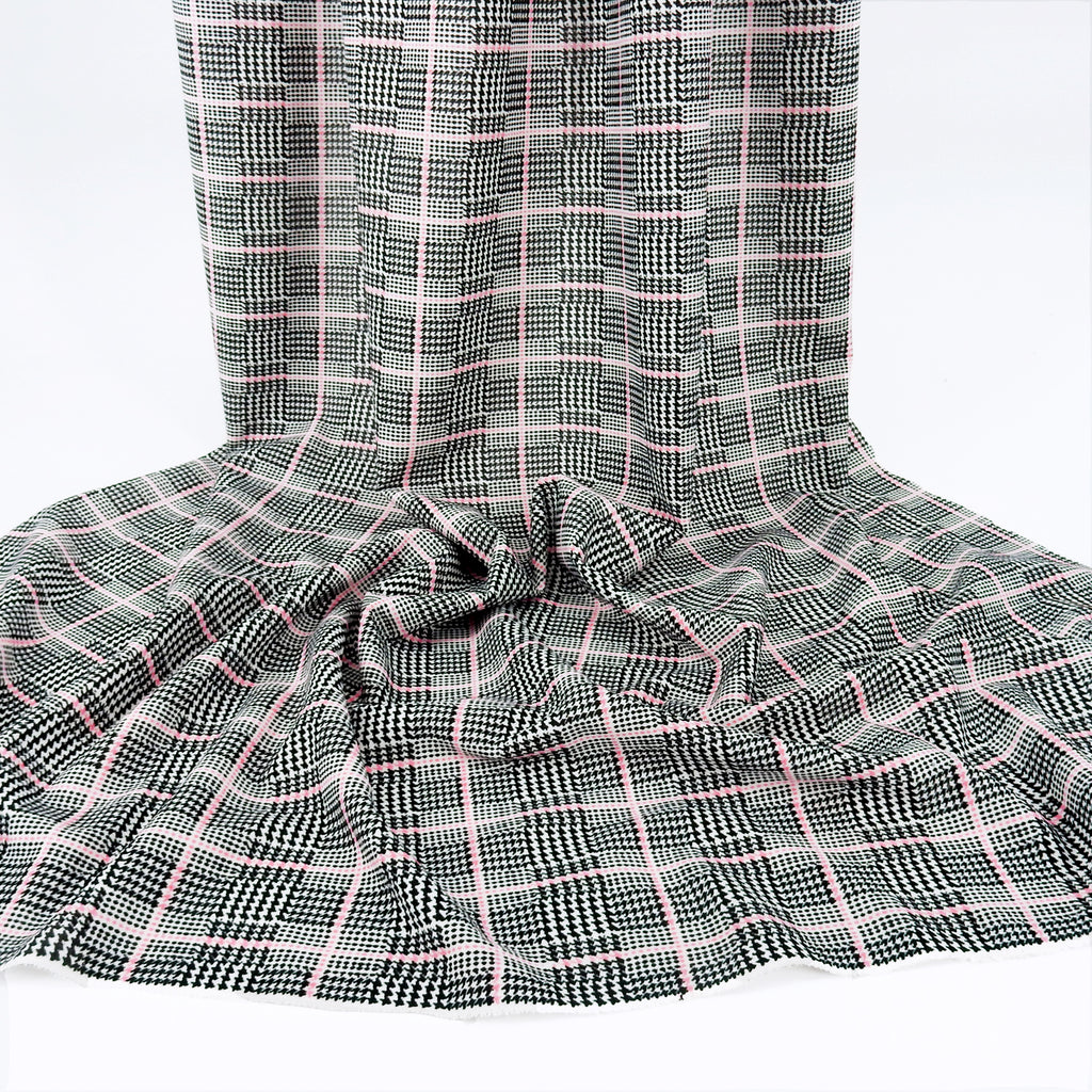 Coral Printed Plaid Stretch Techno Crepe Fabric 141