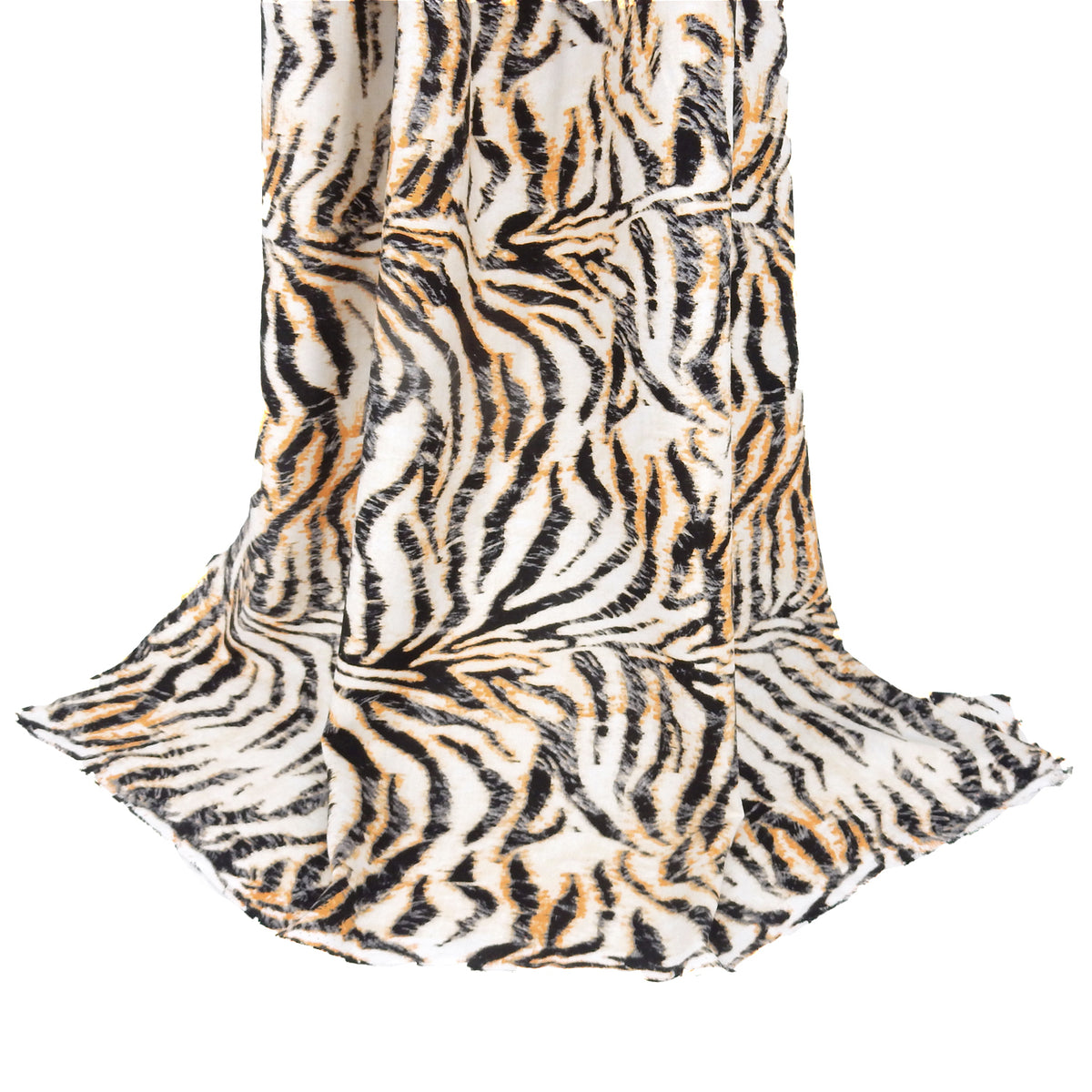 Premium 100% Rayon Challis Fabric. Artistic Tiger Stripe Print in Soft Orange, Charcoal & Creamy White. lightweight & ultra soft. shown draped