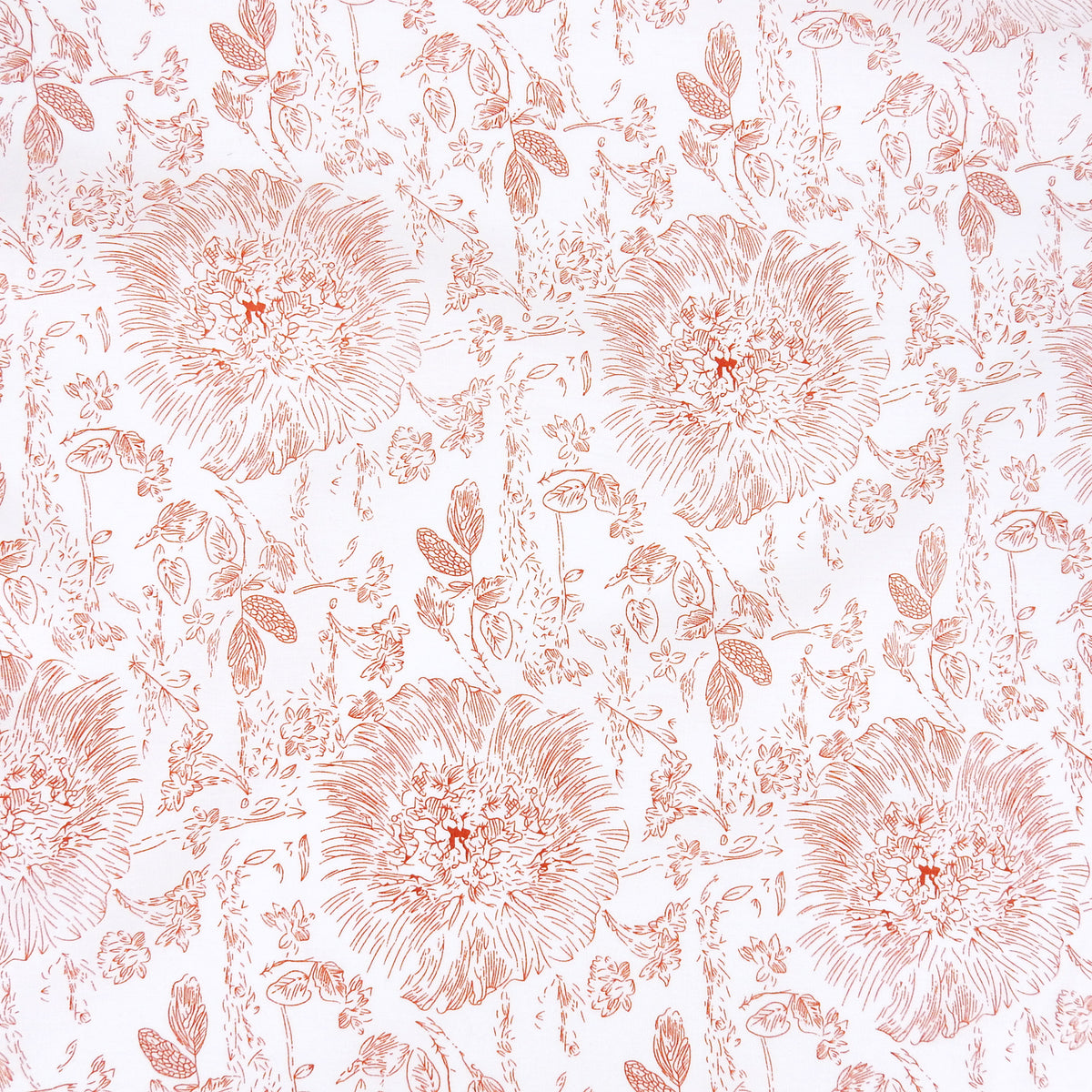 Premium 100% European Linen Printed Toile Floral Fabric. Terracotta Clay & White. mid-weight apparel & high end home decor. shown flat