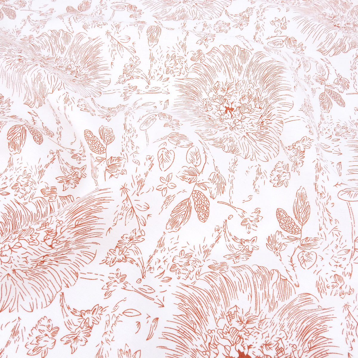 Premium 100% European Linen Printed Toile Floral Fabric. Terracotta Clay & White. mid-weight apparel & high end home decor. shown lightly gathered