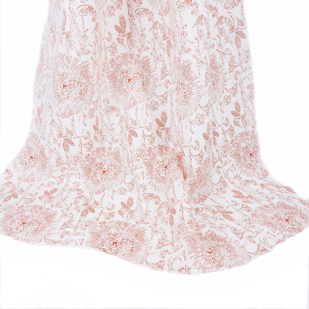 Premium 100% European Linen Printed Toile Floral Fabric. Terracotta Clay & White. mid-weight apparel & high end home decor. shown draped