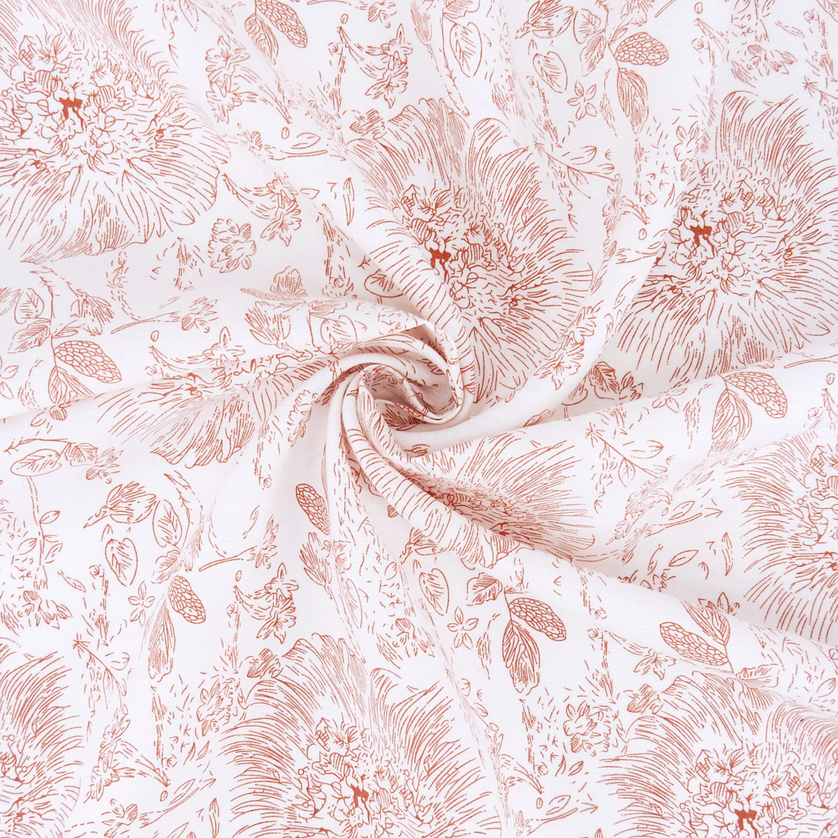 Premium 100% European Linen Printed Toile Floral Fabric. Terracotta Clay & White. mid-weight apparel & high end home decor. shown swirled