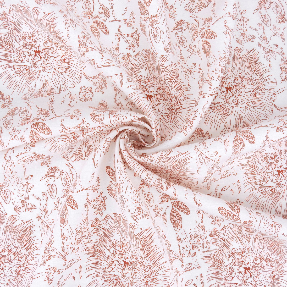 Premium 100% European Linen Printed Toile Floral Fabric. Terracotta Clay & White. mid-weight apparel & high end home decor. shown swirled