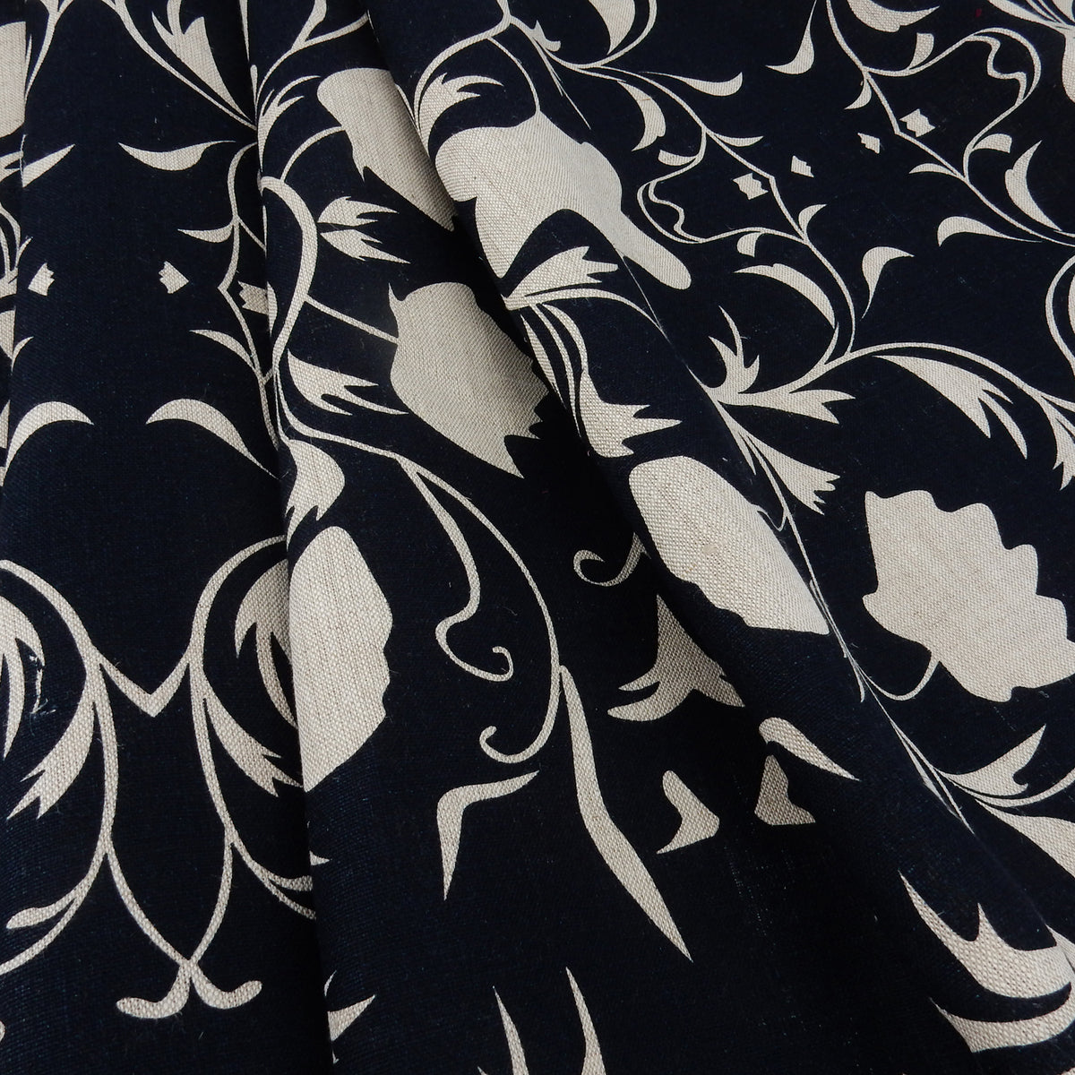 Premium 100% European Linen Floral Damask Print Fabric ALLF1-934 Black-Natural