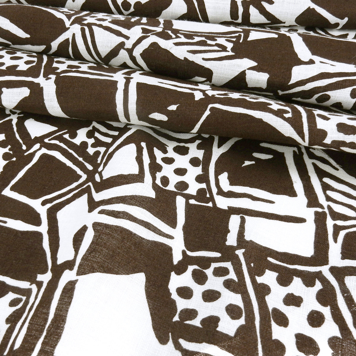 Premium 100% European Linen Modern Tropical Print Fabric - ALLF1-969  Chocolate Brown & White