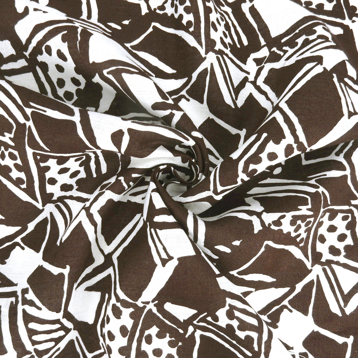 Premium 100% European Linen Modern Tropical Print Fabric - ALLF1-969  Chocolate Brown & White