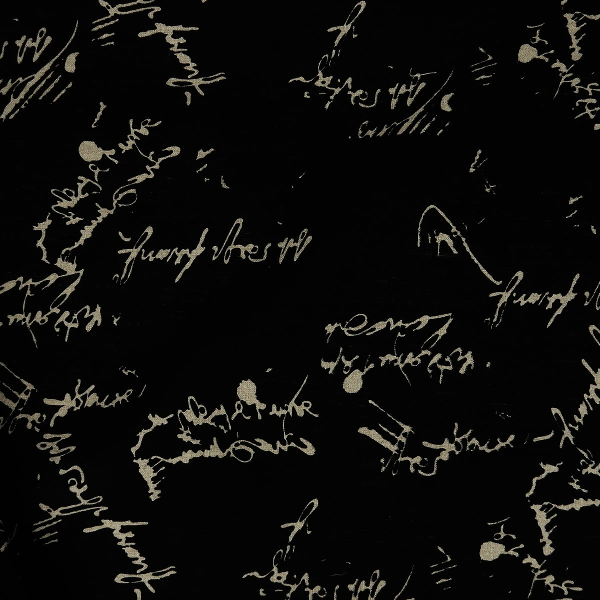 Premium 100% European Linen Printed Script Fabric - Black & Undyed Natural. versatile apparel & high-end home decor. shown flat