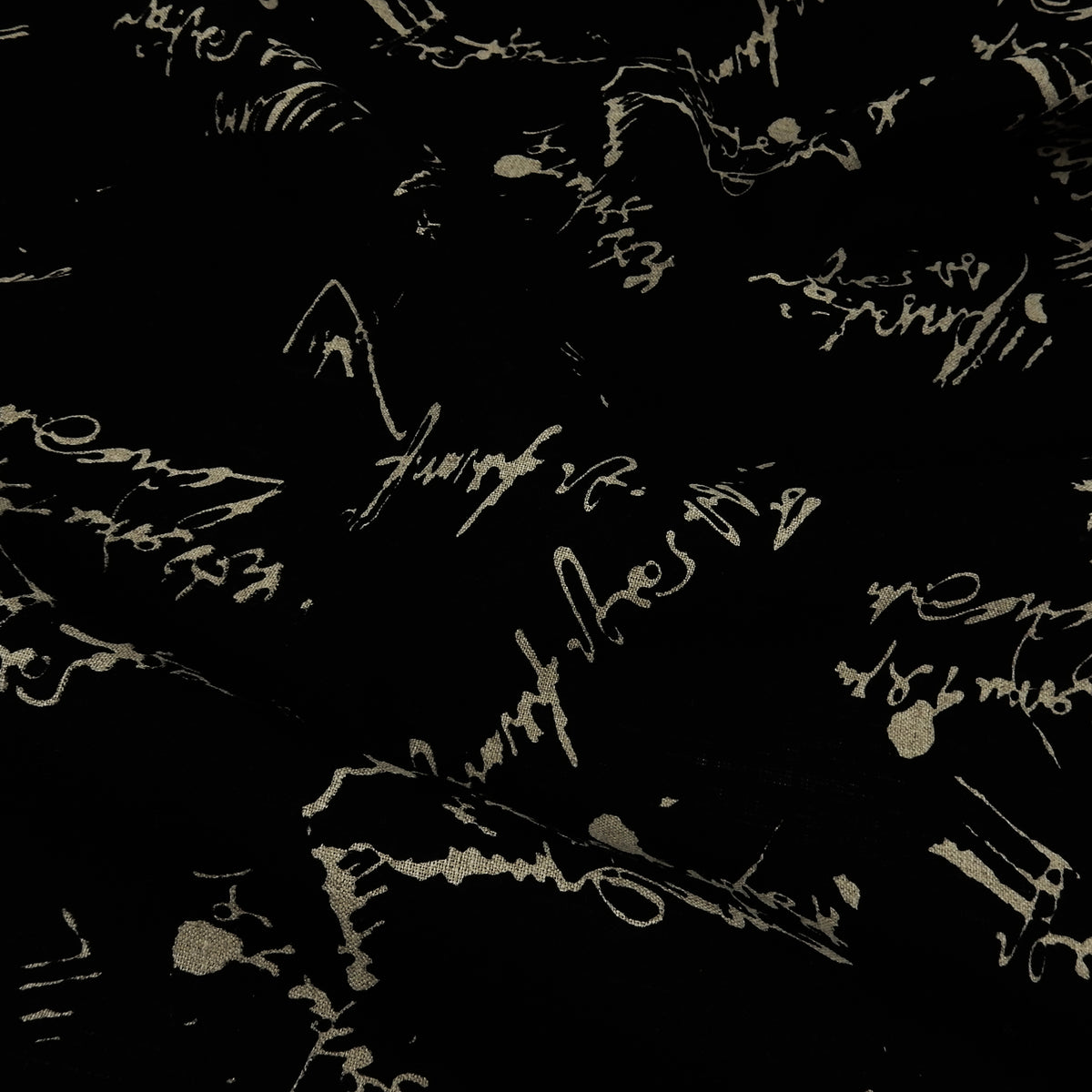 Premium 100% European Linen Printed Script Fabric - Black & Undyed Natural. versatile apparel & high-end home decor. shown lightly gathered