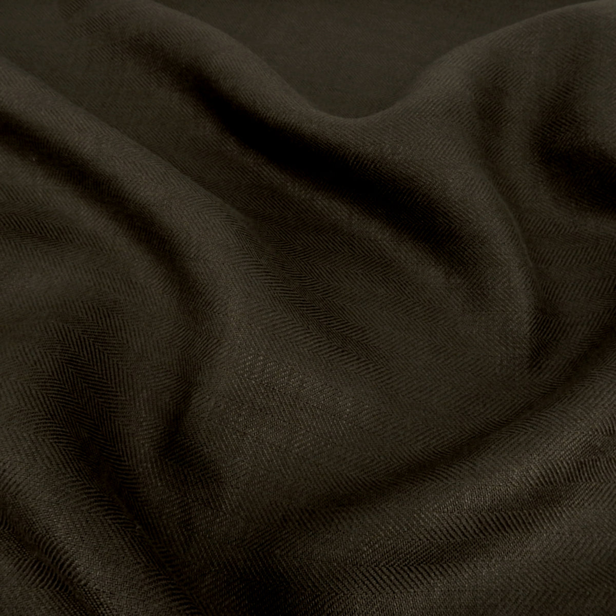 Premium 100% European Linen Yarn Dyed Herringbone Fabric. Tinted Olive Brown Solid. for apparel, upholstery & high end home decor. shown lightly gathered