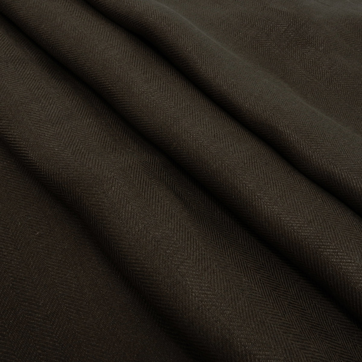 Premium 100% European Linen Yarn Dyed Herringbone Fabric. Tinted Olive Brown Solid. for apparel, upholstery & high end home decor. shown pleated