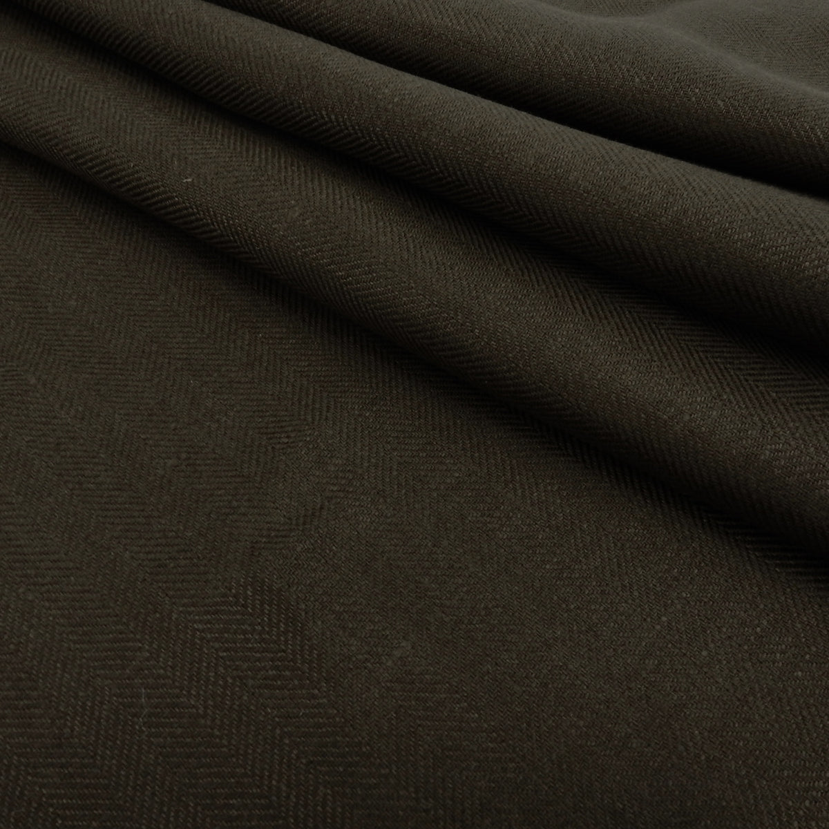 Premium 100% European Linen Yarn Dyed Herringbone Fabric. Tinted Olive Brown Solid. for apparel, upholstery & high end home decor. shown pleated