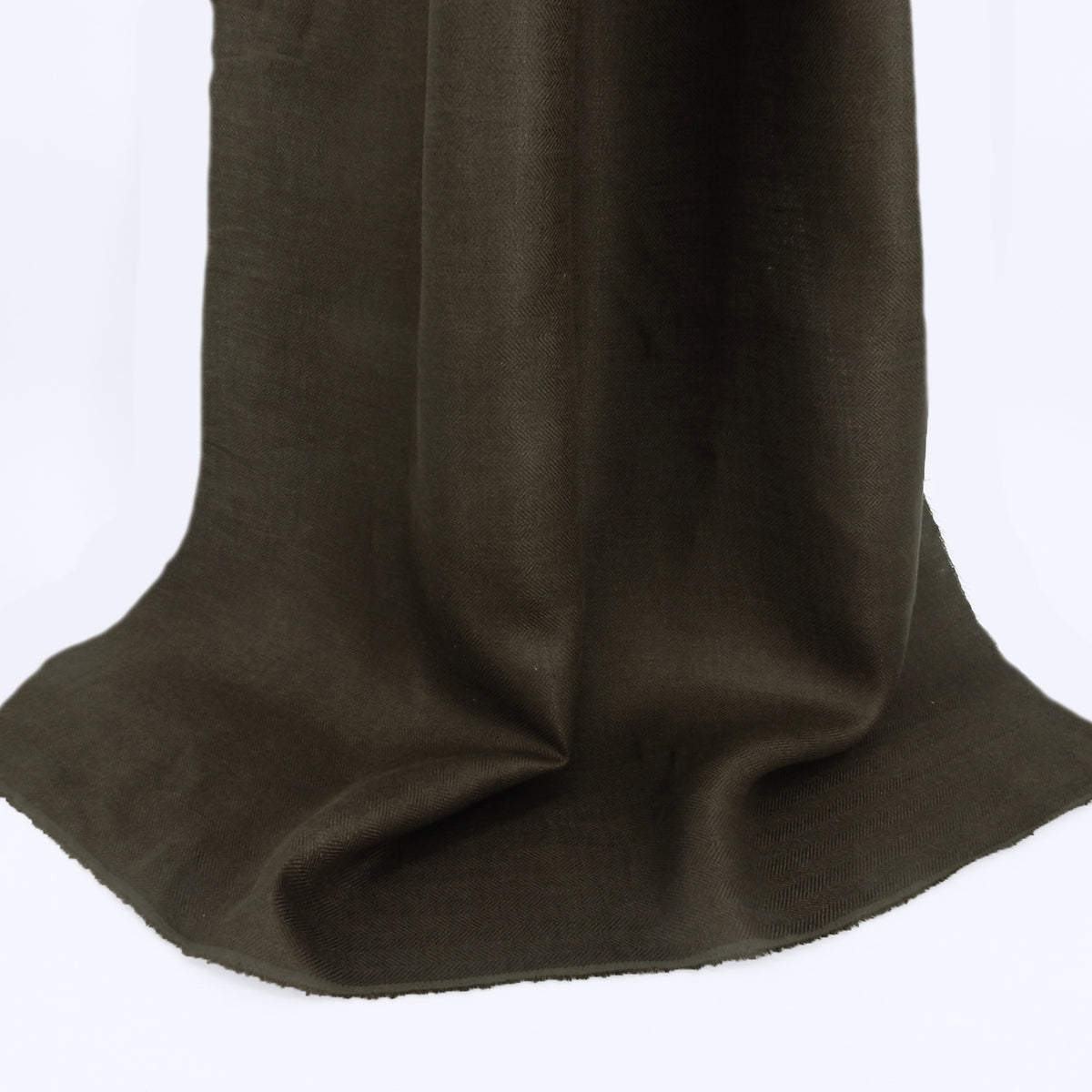 Premium 100% European Linen Yarn Dyed Herringbone Fabric. Tinted Olive Brown Solid. for apparel, upholstery & high end home decor. shown draped