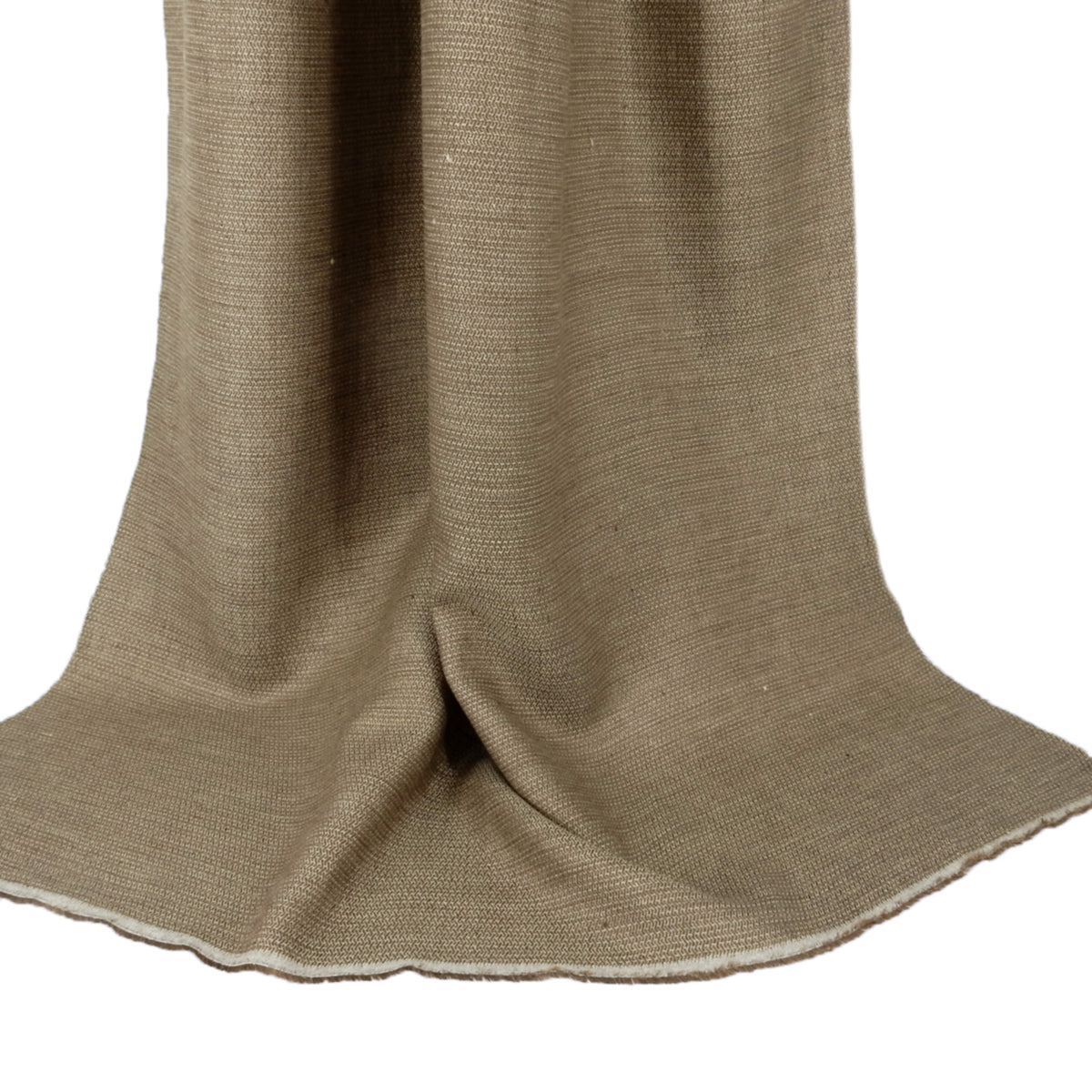 Premium 100% European Linen Yarn Dyed Herringbone Stripe Fabric. Sandalwood & Beige. apparel & high end home decor. shown draped
