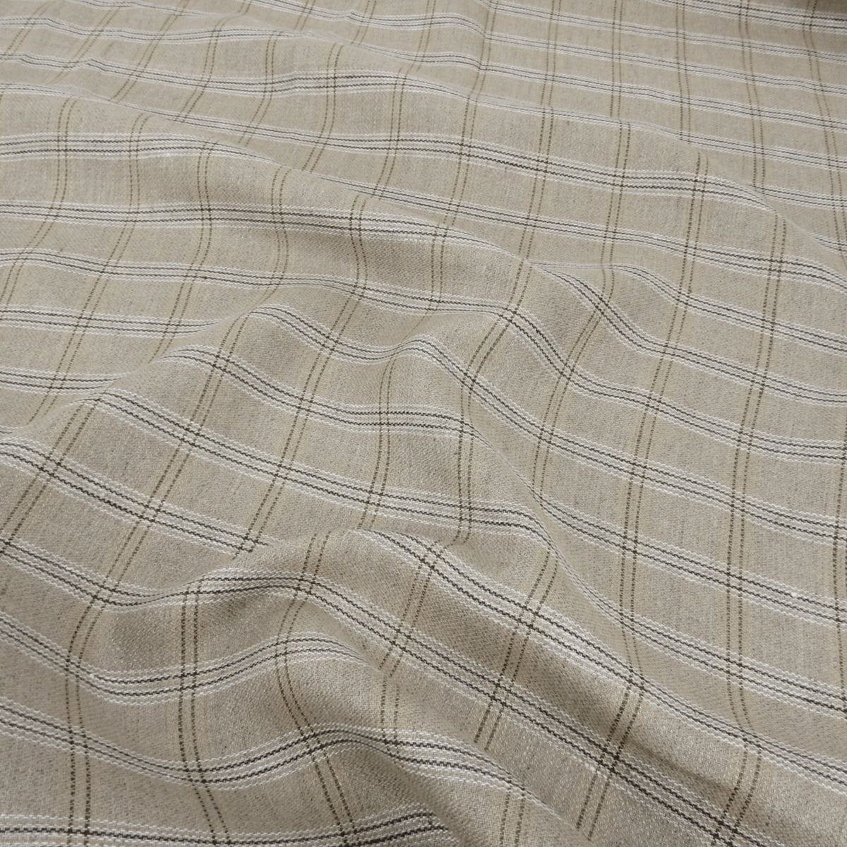 Premium 100% European Linen Yarn Dyed Plaid Fabric. Classic Natural Palette. apparel & high-end home decor. shown lightly gathered