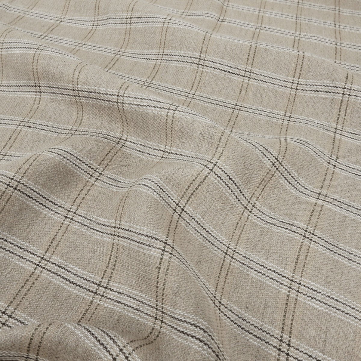 Premium 100% European Linen Yarn Dyed Plaid Fabric. Classic Natural Palette. apparel & high-end home decor. shown lightly gathered