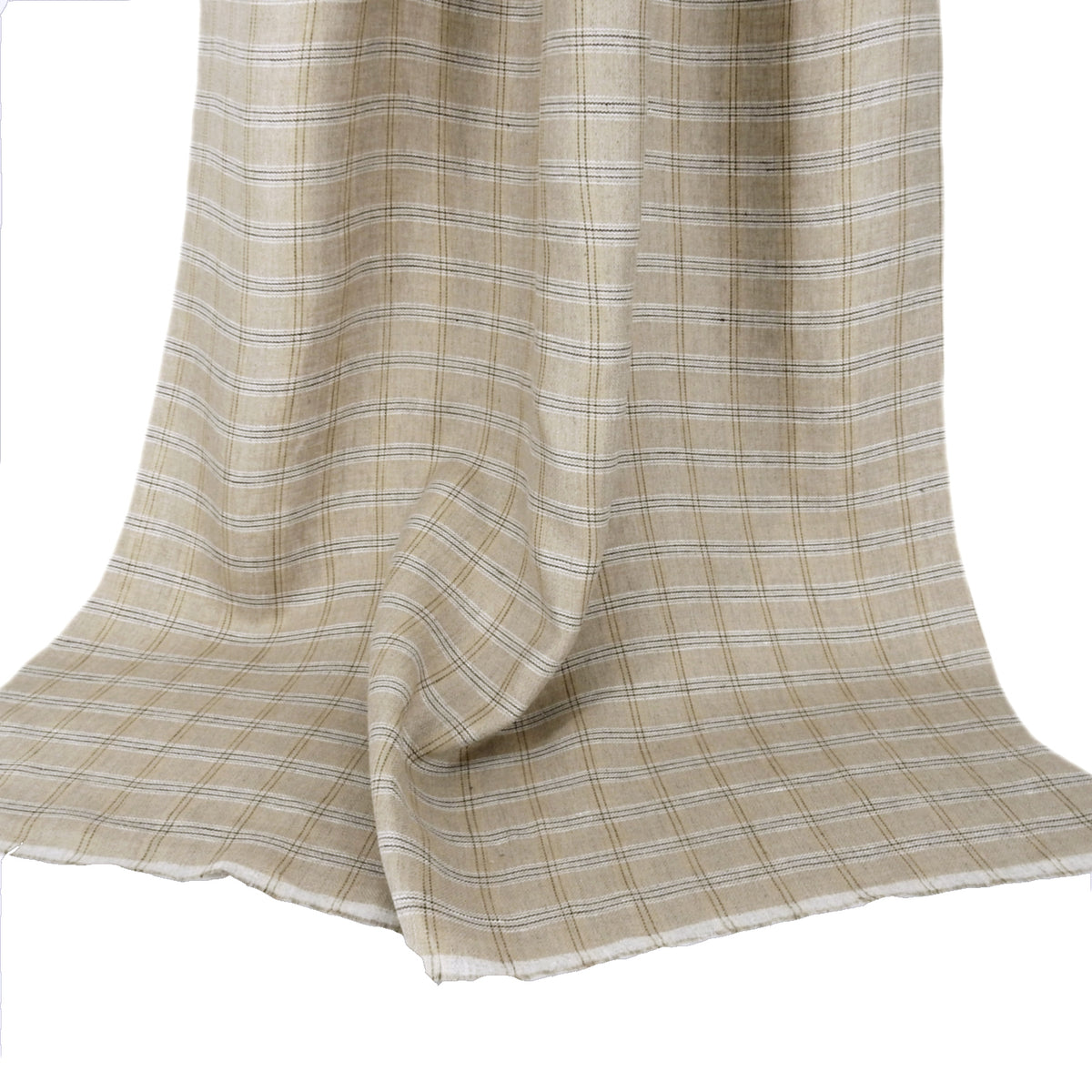 Premium 100% European Linen Yarn Dyed Plaid Fabric. Classic Natural Palette. apparel & high-end home decor. shown draped