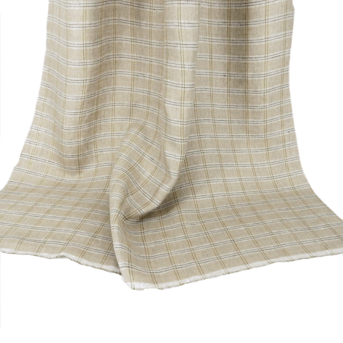 Premium 100% European Linen Yarn Dyed Plaid Fabric. Classic Natural Palette. apparel & high-end home decor. shown draped