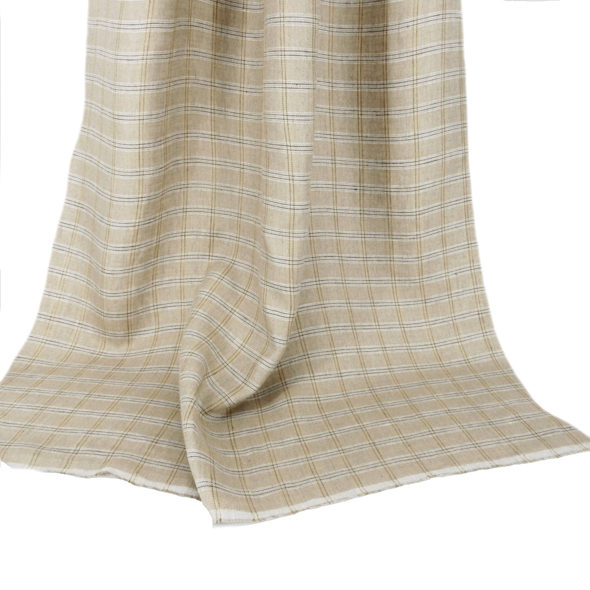 Premium 100% European Linen Yarn Dyed Plaid Fabric. Classic Natural Palette. apparel & high-end home decor. shown draped