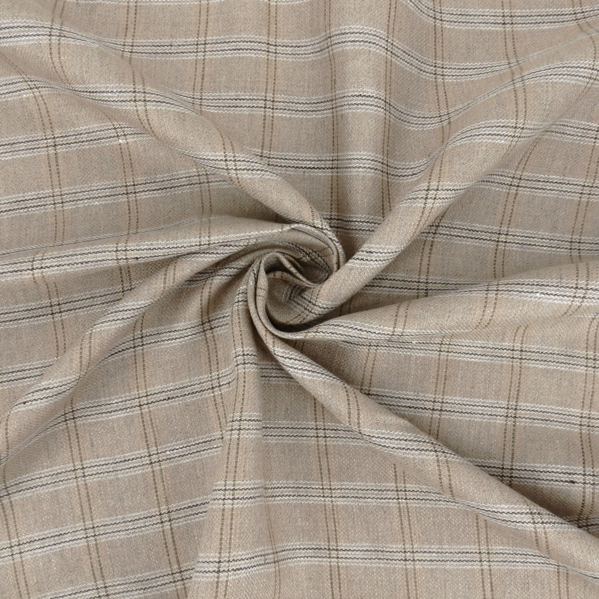 Premium 100% European Linen Yarn Dyed Plaid Fabric. Classic Natural Palette. apparel & high-end home decor. shown swirled