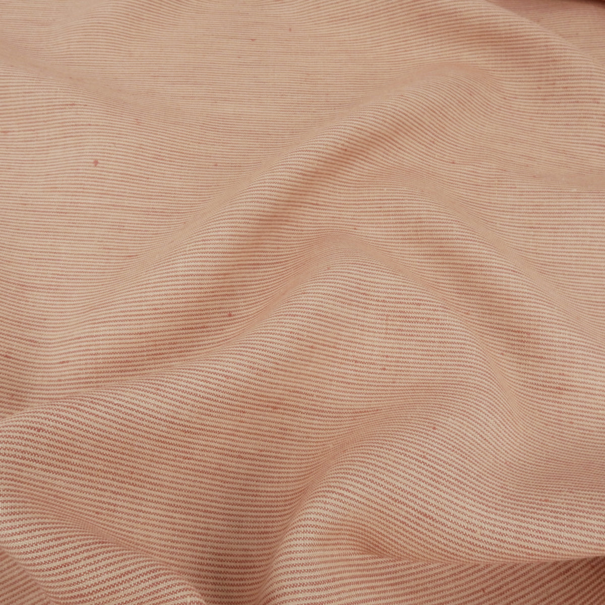 Premium 100% European Linen Yarn Dyed Pinstripe Fabric. Warm Taupe & White. Midweight for apparel & home decor. shown lightly gathered