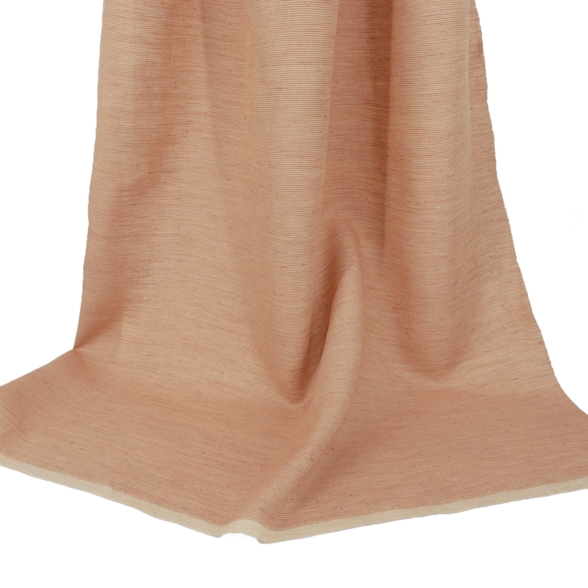Premium 100% European Linen Yarn Dyed Pinstripe Fabric. Warm Taupe & White. Midweight for apparel & home decor. shown draped.