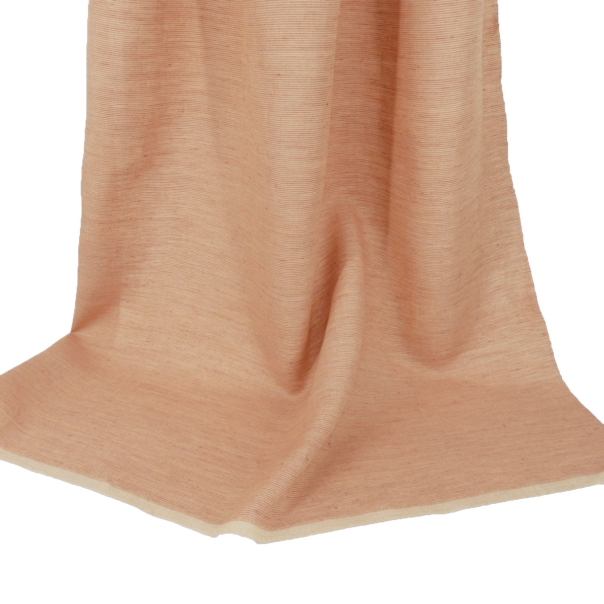 Premium 100% European Linen Yarn Dyed Pinstripe Fabric. Warm Taupe & White. Midweight for apparel & home decor. shown draped.