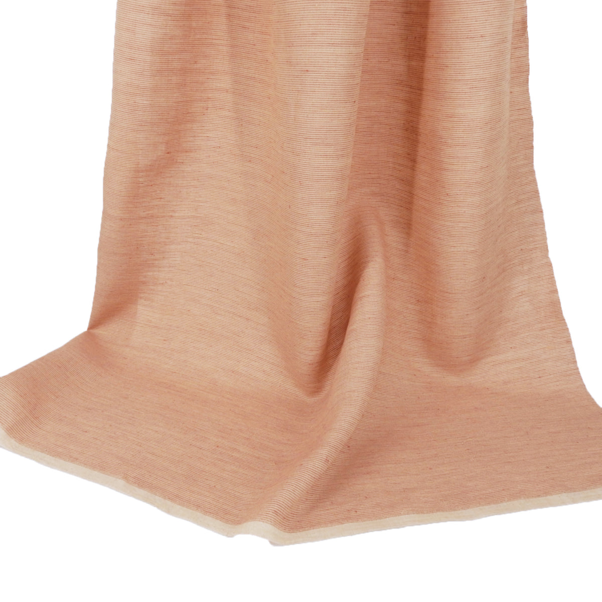 Premium 100% European Linen Yarn Dyed Pinstripe Fabric. Warm Taupe & White. Midweight for apparel & home decor. shown draped.
