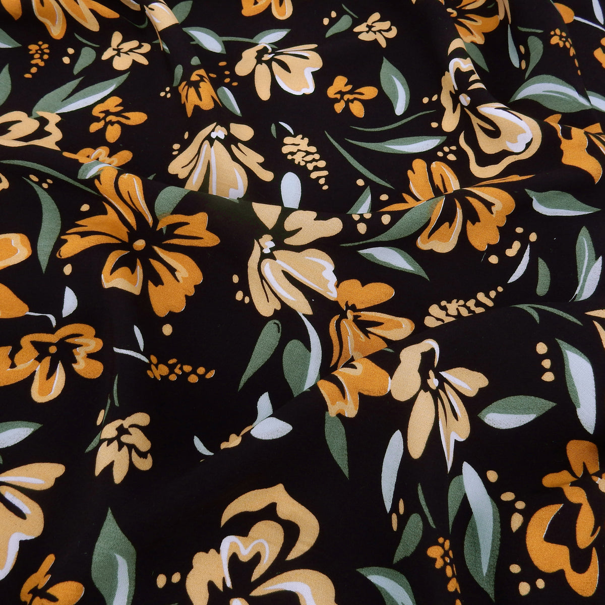Premium 100% Rayon Challis Fabric. Midnight Botanical Floral in Spice, Peachy Beige & Sage. lightweight & ultra soft. shown flat