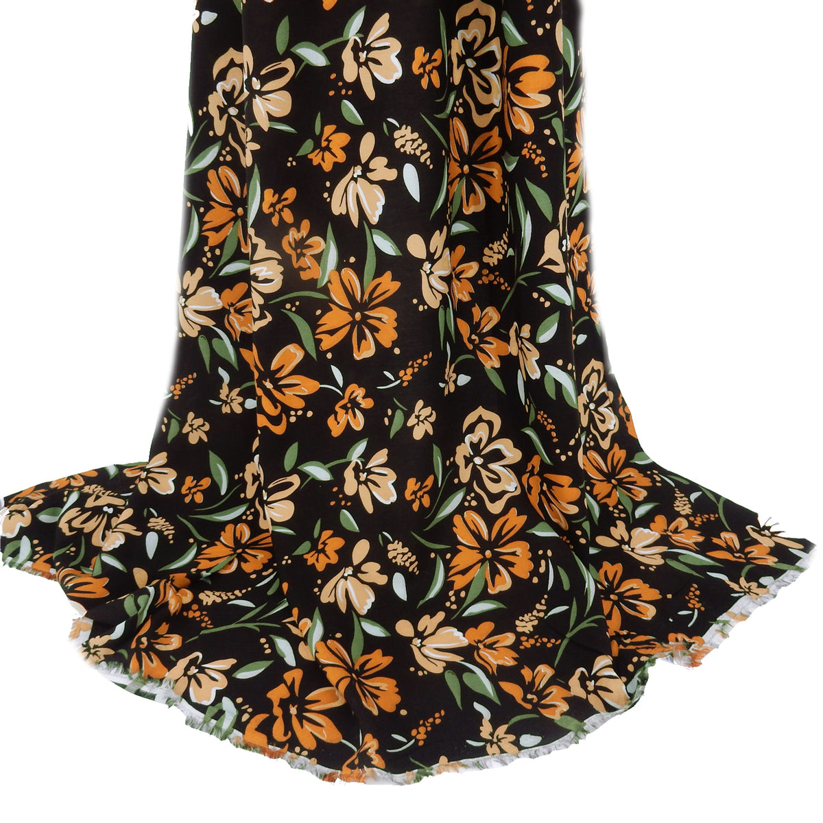 Premium 100% Rayon Challis Fabric. Midnight Botanical Floral in Spice, Peachy Beige & Sage. lightweight & ultra soft. shown draped