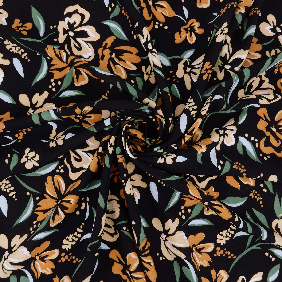 Premium 100% Rayon Challis Fabric. Midnight Botanical Floral in Spice, Peachy Beige & Sage. lightweight & ultra soft. shown swirled