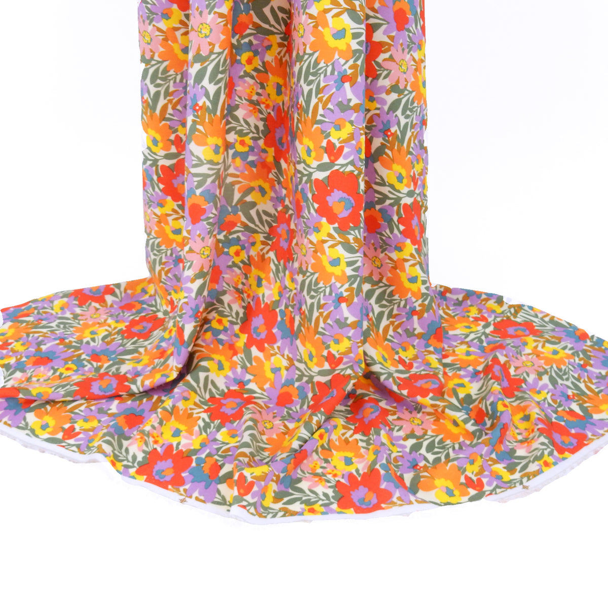 Premium 100% Rayon Challis Fabric. High-Contrast Soft Muted Floral on Creamy White. lightweight & ultra soft. shown draped