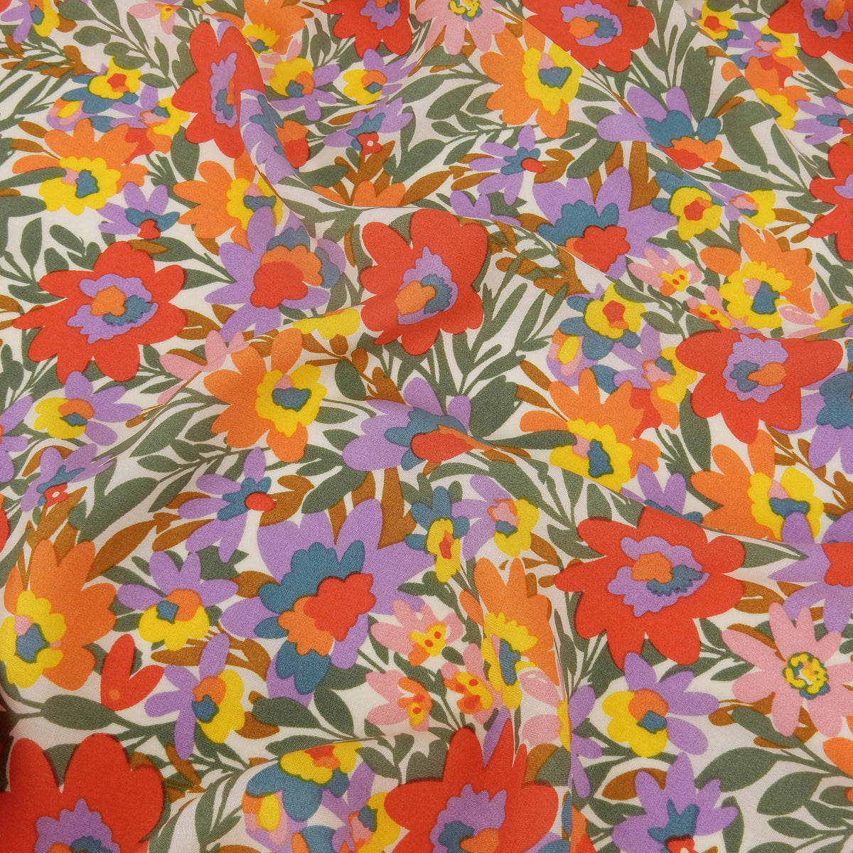 Premium 100% Rayon Challis Fabric. High-Contrast Soft Muted Floral on Creamy White. lightweight & ultra soft. shown flat