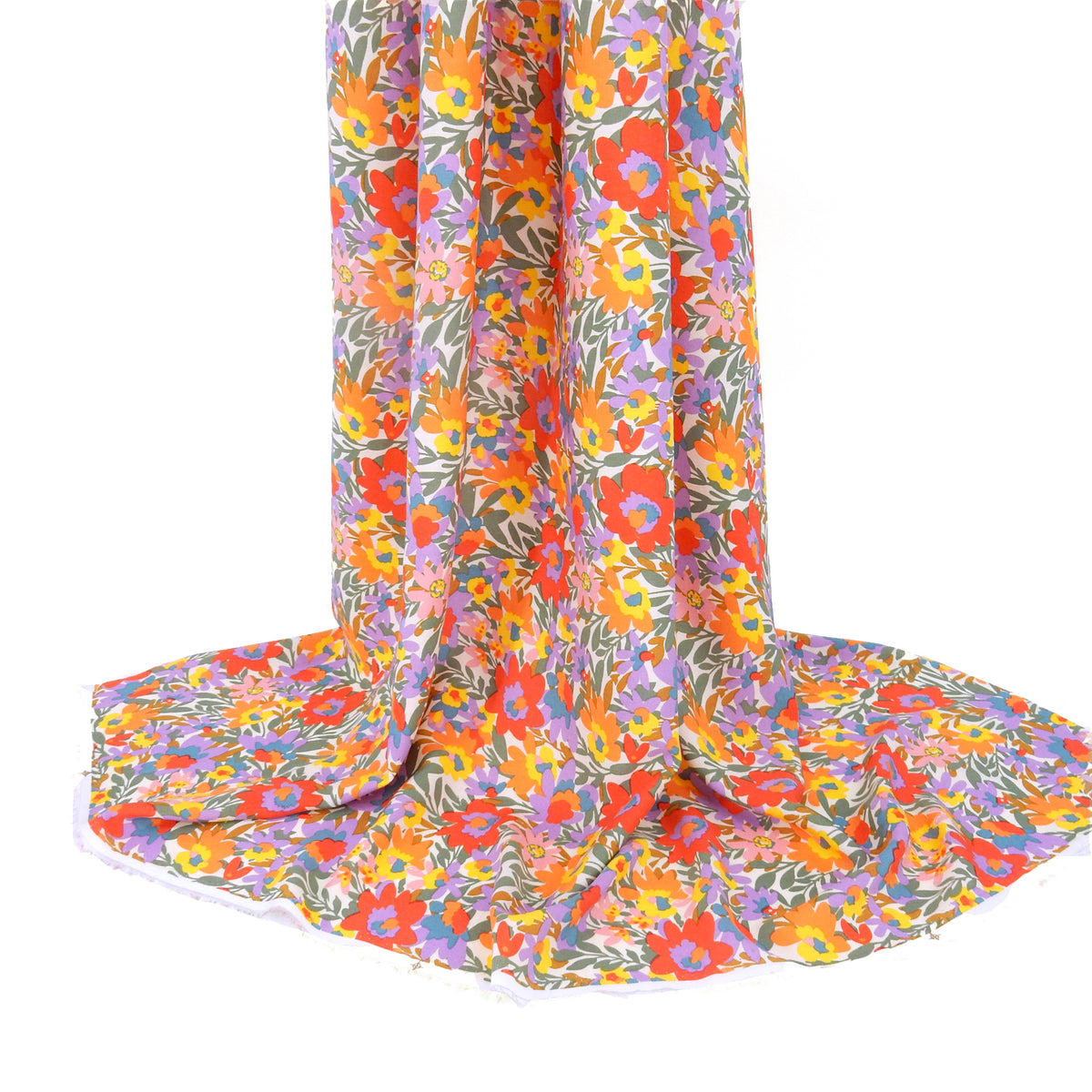 Premium 100% Rayon Challis Fabric. High-Contrast Soft Muted Floral on Creamy White. lightweight & ultra soft. shown draped