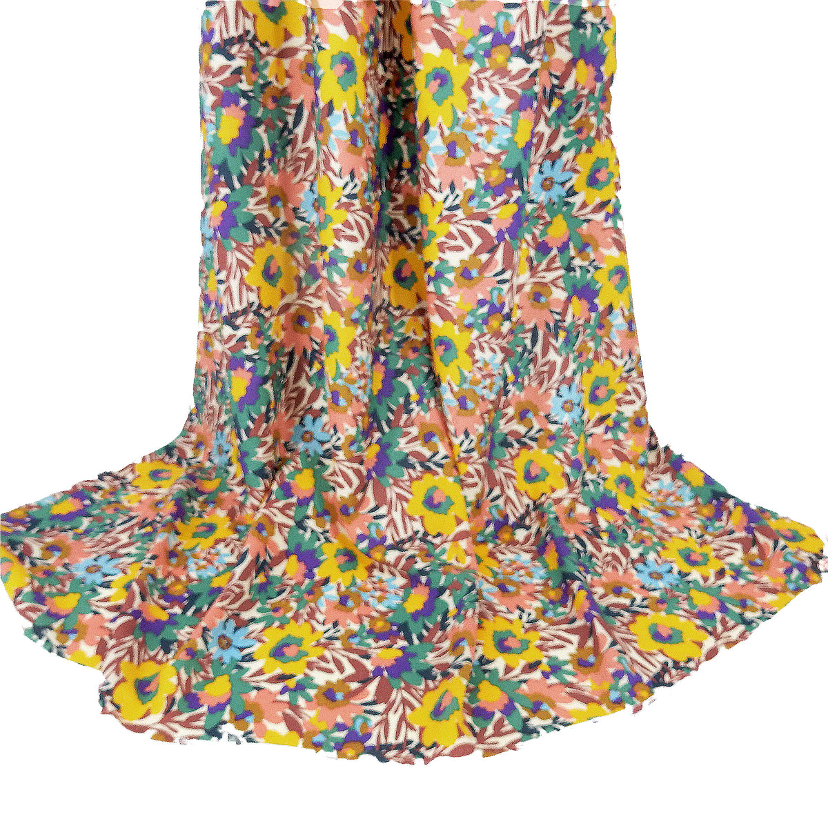 Premium 100% Rayon Challis Fabric. Vibrant Botanical on Creamy White. lightweight & ultra soft. shown draped