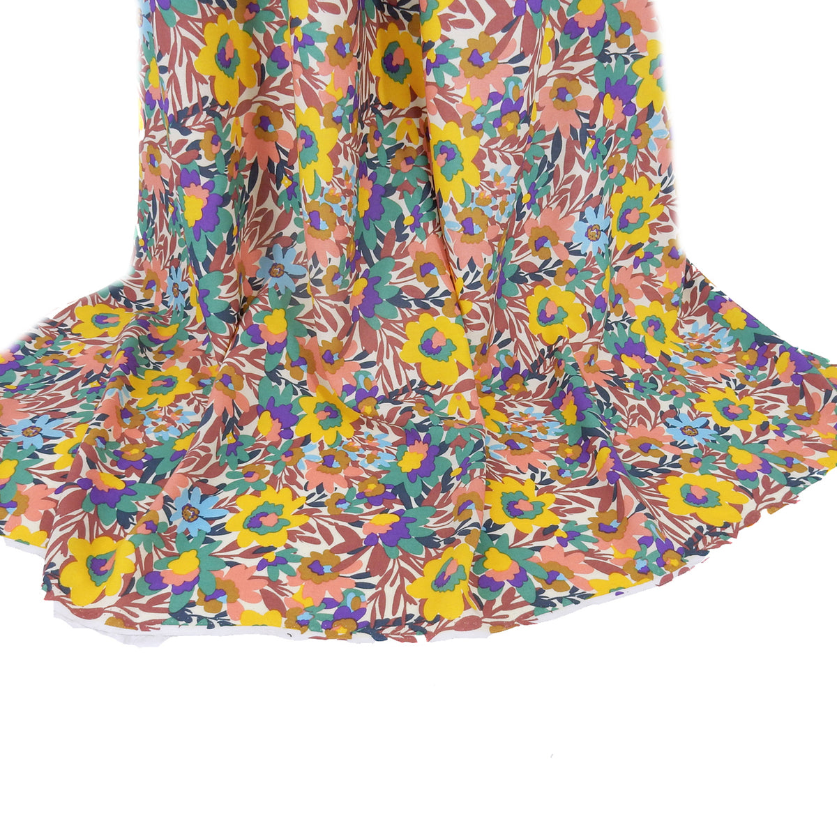 Premium 100% Rayon Challis Fabric. Vibrant Botanical on Creamy White. lightweight & ultra soft. shown draped