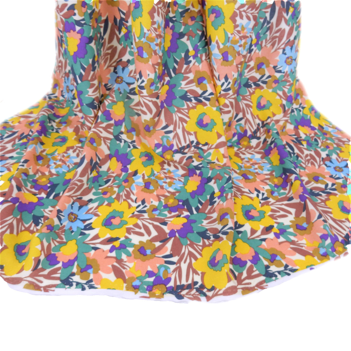 Premium 100% Rayon Challis Fabric. Vibrant Botanical on Creamy White. lightweight & ultra soft. shown draped