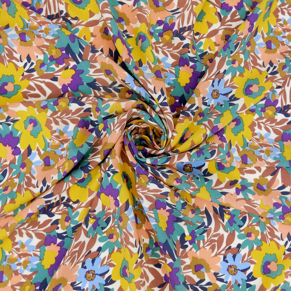 Premium 100% Rayon Challis Fabric. Vibrant Botanical on Creamy White. lightweight & ultra soft. shown swirled