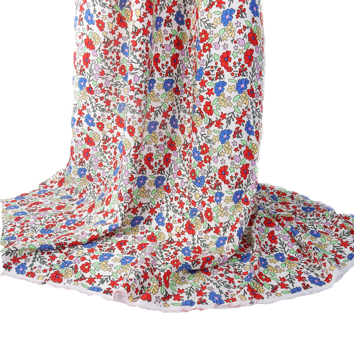 Premium 100% Rayon Challis Fabric. Playful Millefleurs Floral in Red, Periwinkle, Soft Yellow, Lilac & Mint. lightweight & ultra soft. shown draped
