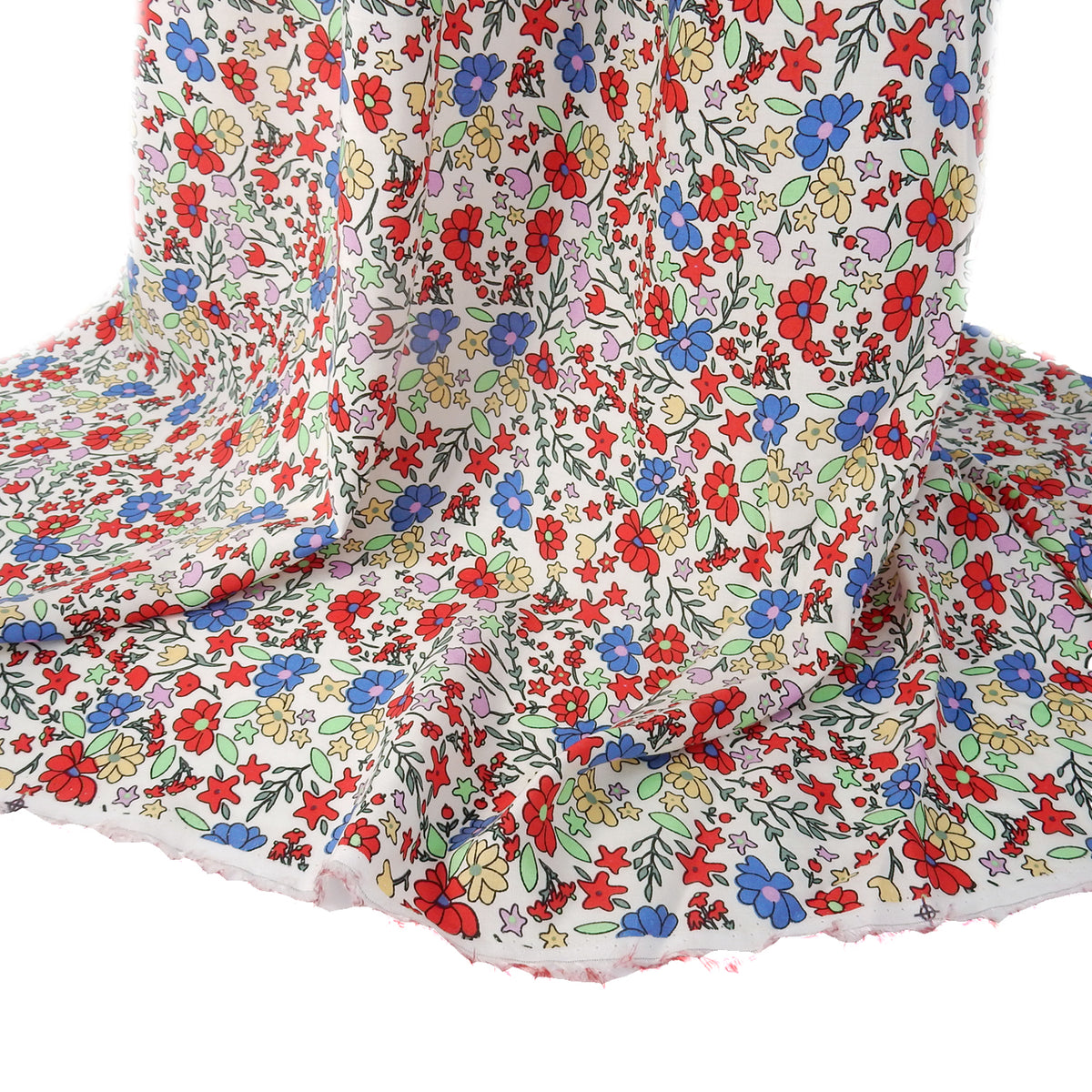 Premium 100% Rayon Challis Fabric. Playful Millefleurs Floral in Red, Periwinkle, Soft Yellow, Lilac & Mint. lightweight & ultra soft. shown draped