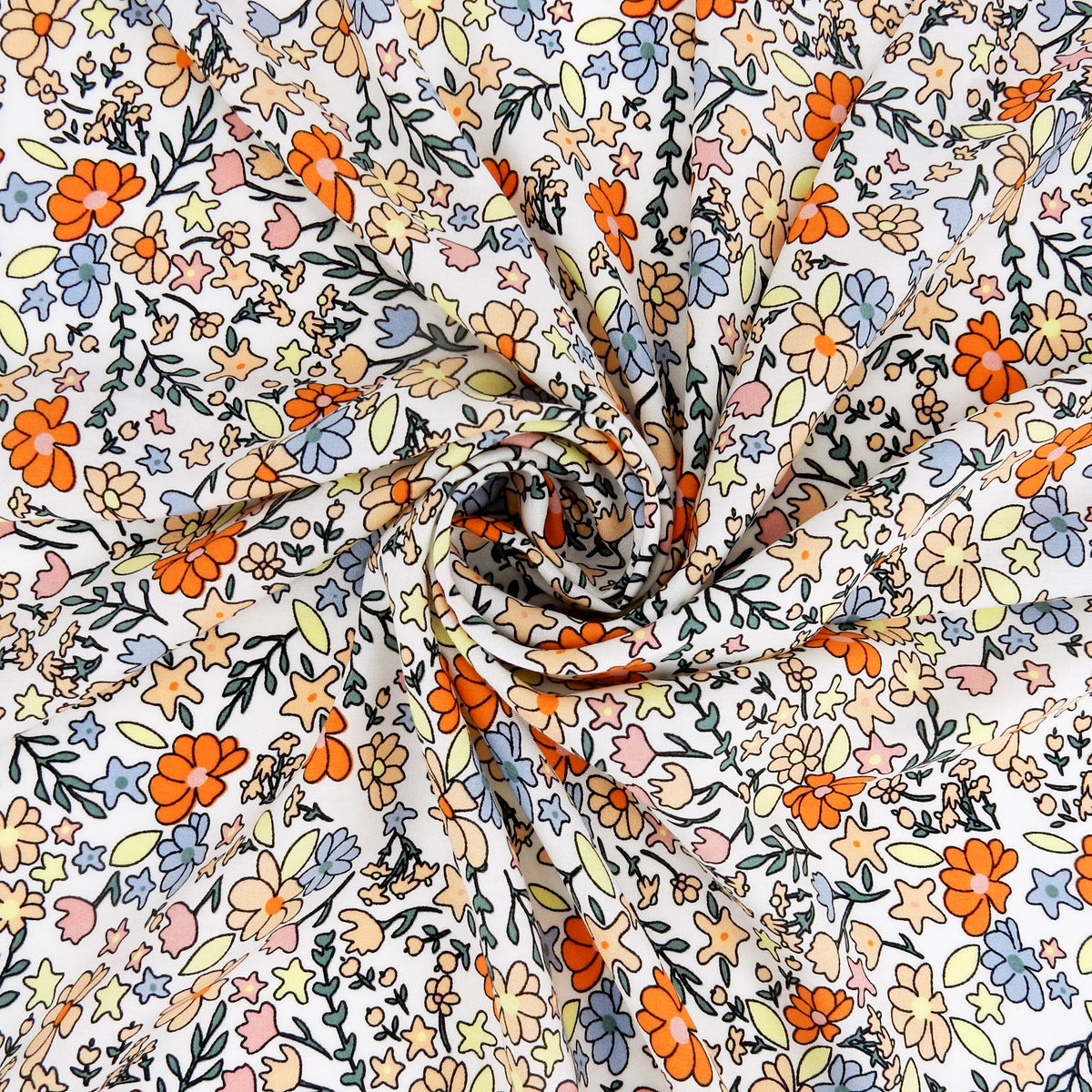 Premium 100% Rayon Challis Fabric. Playful Millefleurs Floral in Burnt Orange, Peach, Dusty Blue, Soft Yellow & Pink. lightweight & ultra soft. shown swirled