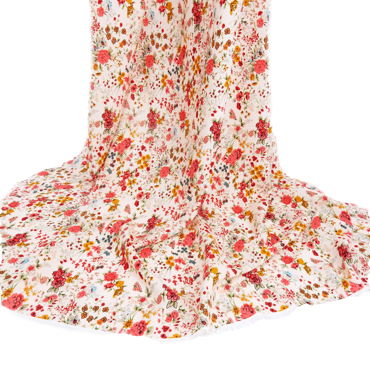 Premium 100% Rayon Challis Fabric. Playful Millefleurs Floral in Red Rose, Gold & Sky Blue on Pale Pink background. lightweight & ultra soft. shown draped