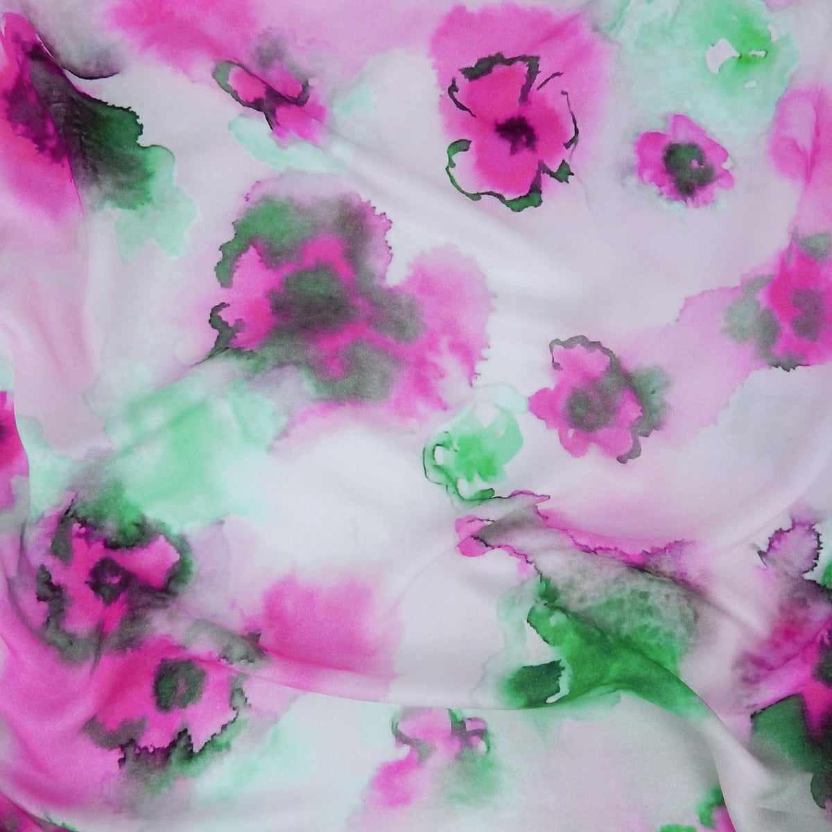Premium 100% Rayon Challis Fabric. Watercolor floral Print in Fuchsia and Green. lightweight & ultra soft. shown lightly gathered