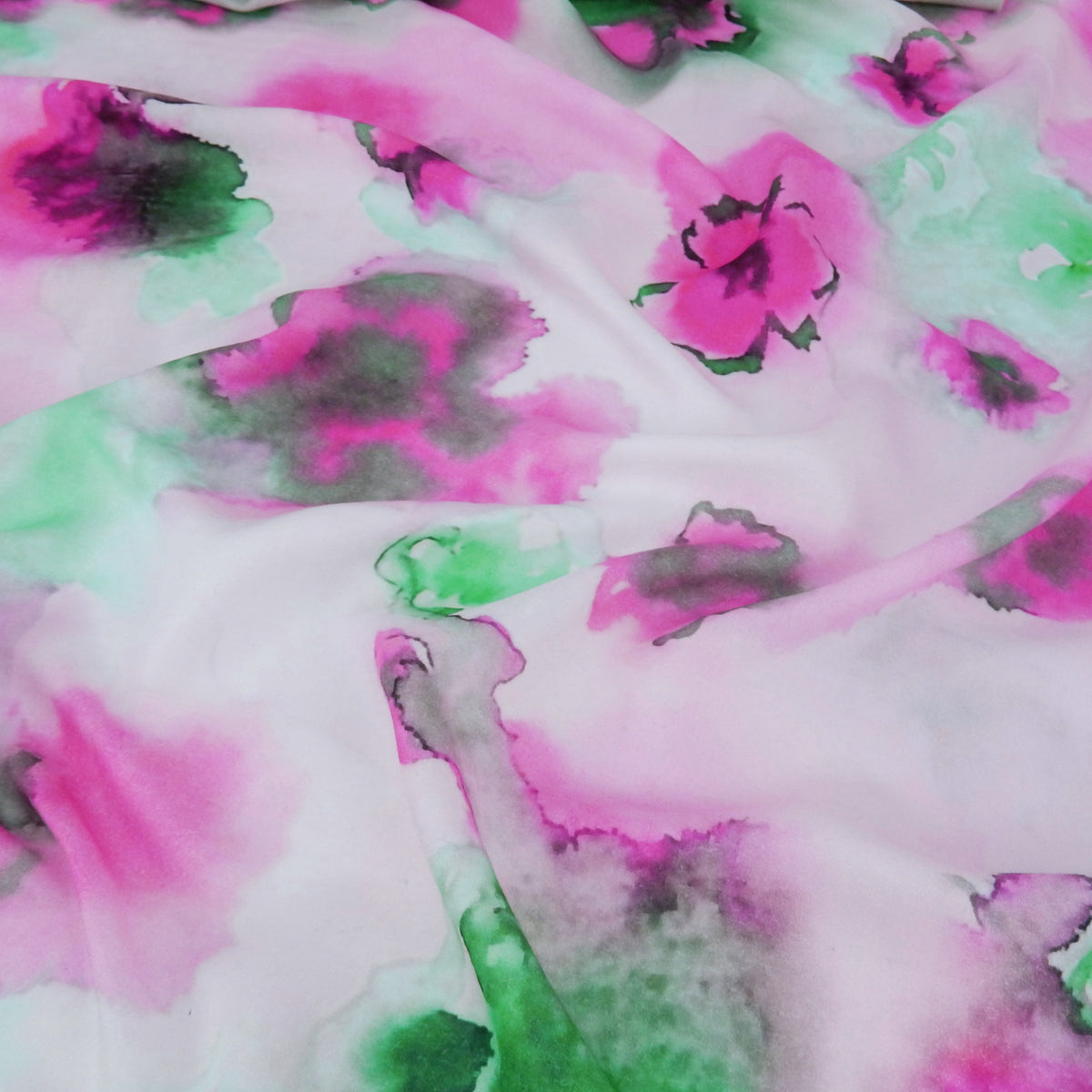 Premium 100% Rayon Challis Fabric. Watercolor floral Print in Fuchsia and Green. lightweight & ultra soft. shown lightly gathered