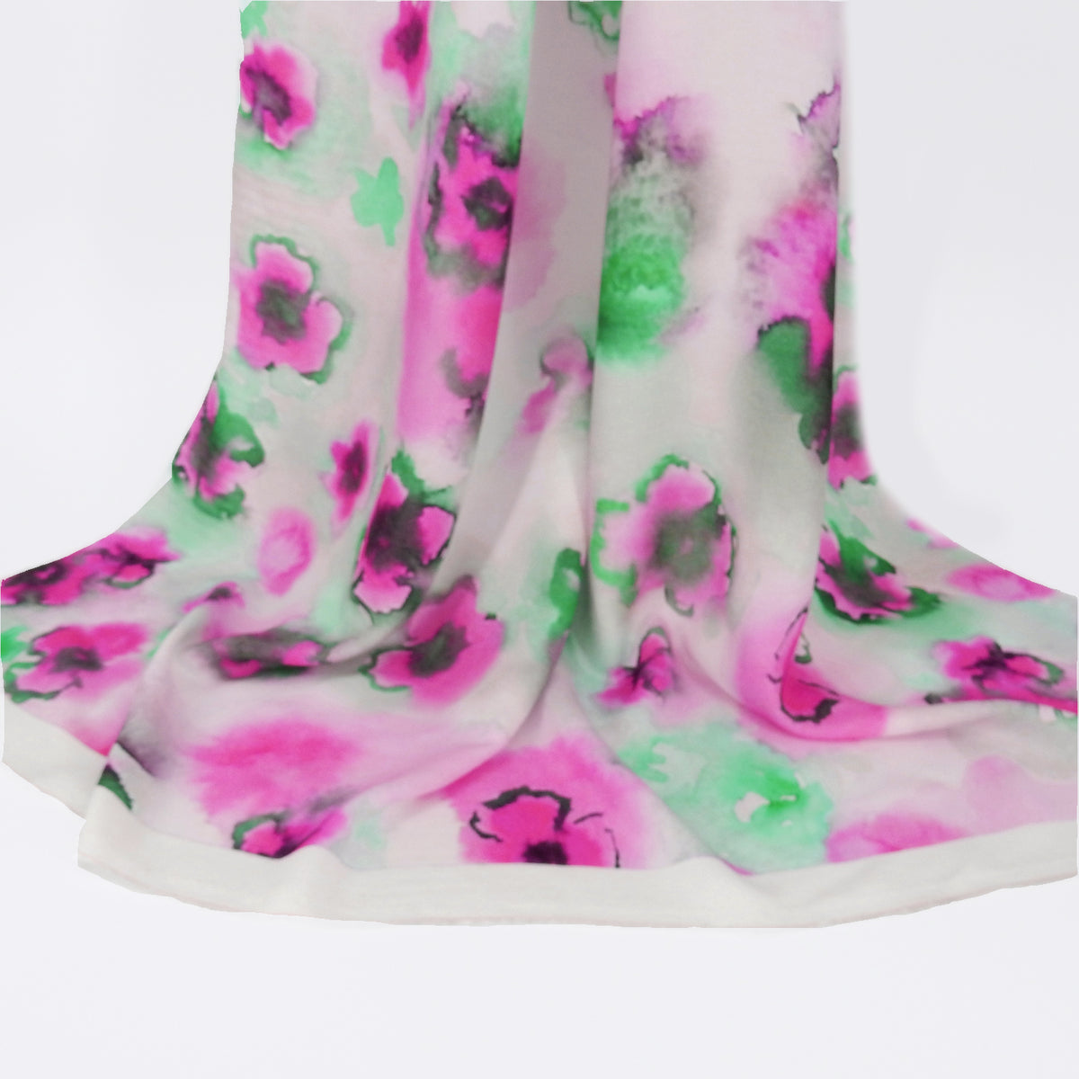 Premium 100% Rayon Challis Fabric. Watercolor floral Print in Fuchsia and Green. lightweight & ultra soft. shown draped