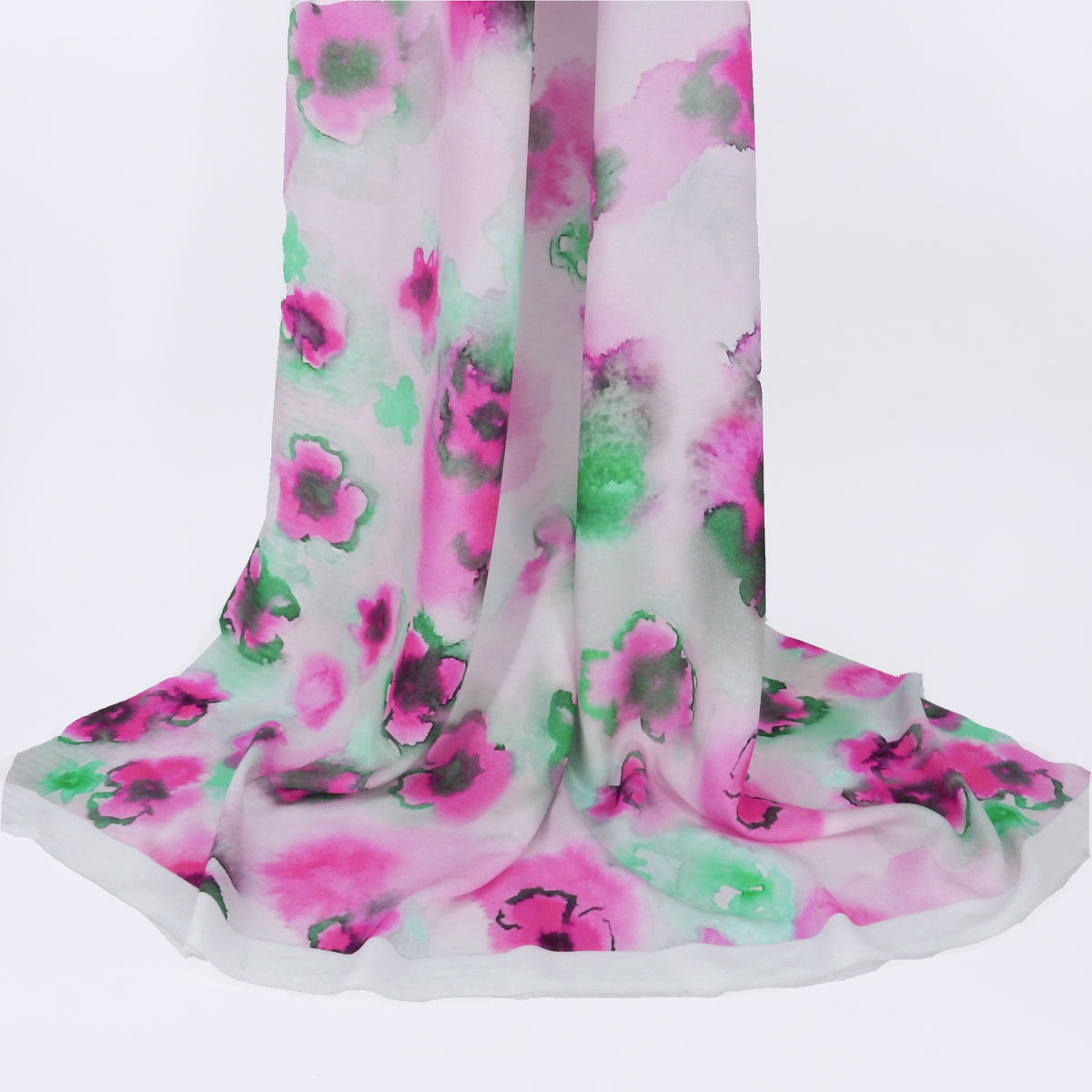 Premium 100% Rayon Challis Fabric. Watercolor floral Print in Fuchsia and Green. lightweight & ultra soft. shown draped