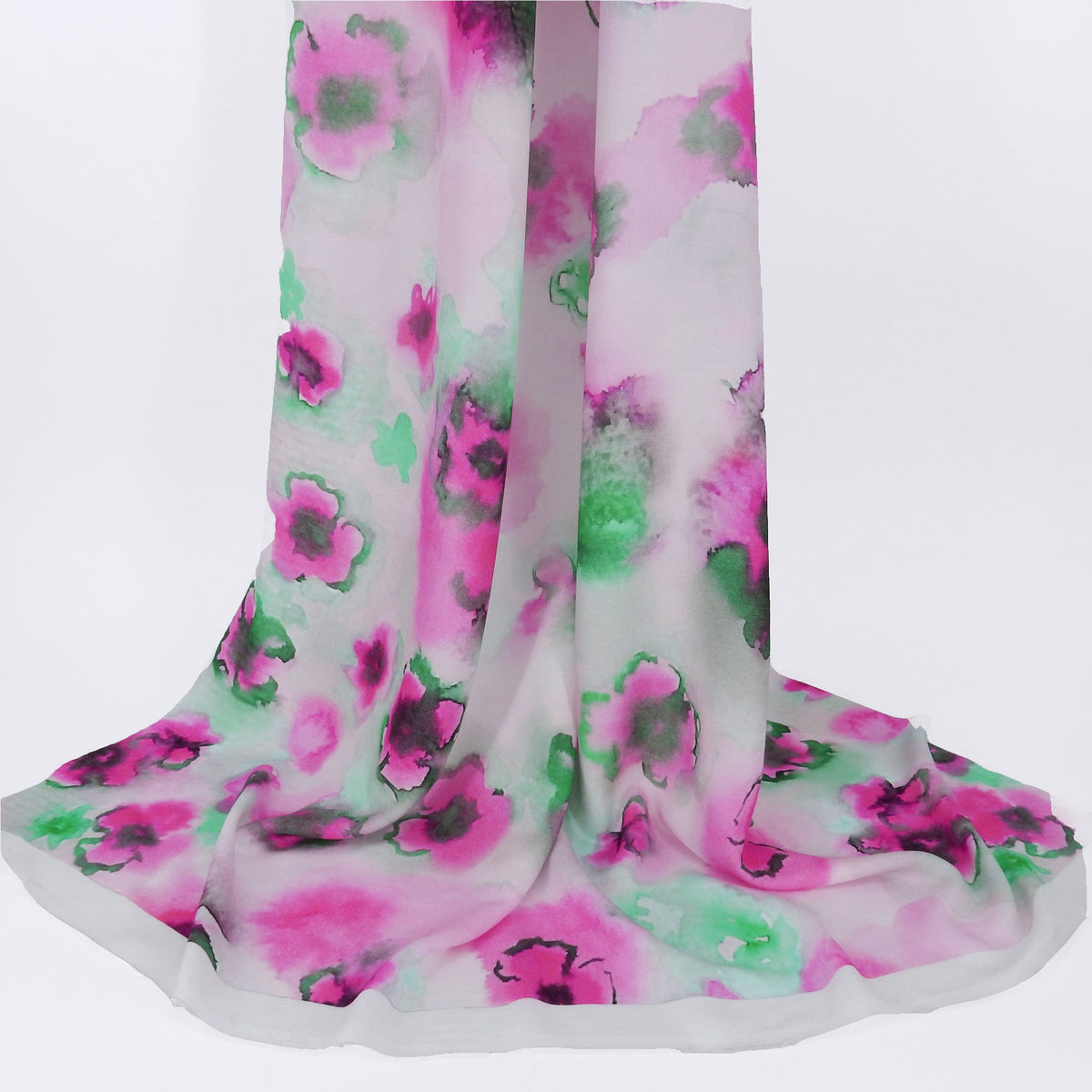 Premium 100% Rayon Challis Fabric. Watercolor floral Print in Fuchsia and Green. lightweight & ultra soft. shown draped